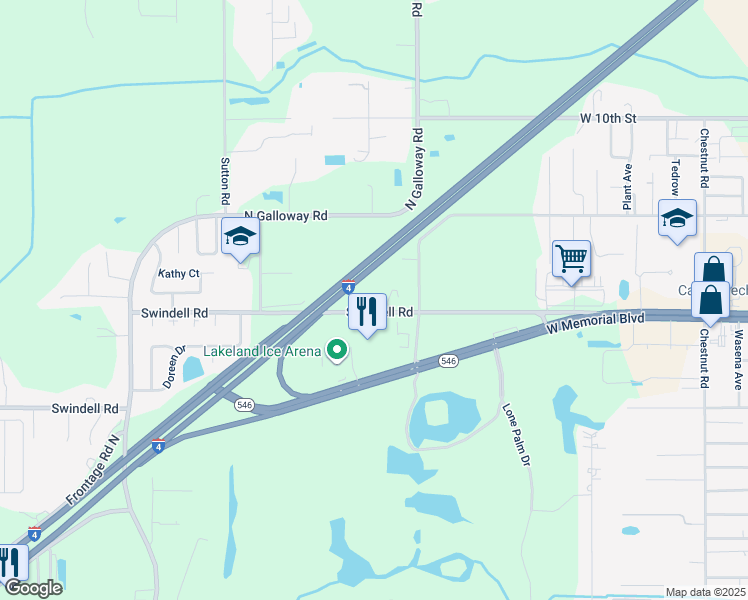 map of restaurants, bars, coffee shops, grocery stores, and more near 3355 Swindell Road in Lakeland