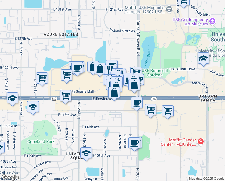 map of restaurants, bars, coffee shops, grocery stores, and more near 2554 East Fowler Avenue in Tampa