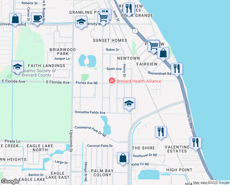 map of restaurants, bars, coffee shops, grocery stores, and more near 2279 Pelham Street in Palm Bay