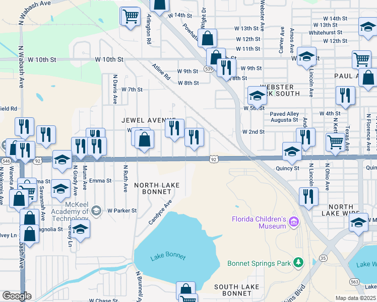 map of restaurants, bars, coffee shops, grocery stores, and more near 1036 Crestview Avenue in Lakeland