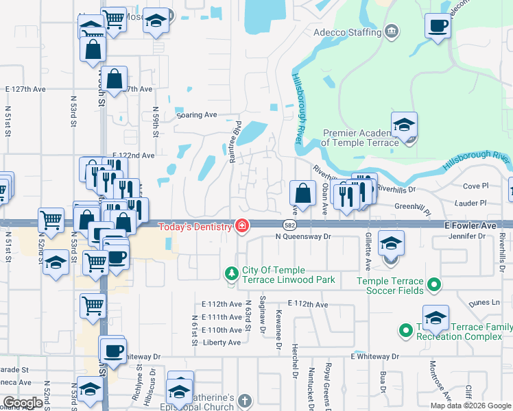 map of restaurants, bars, coffee shops, grocery stores, and more near 11801 Raintree Drive in Temple Terrace