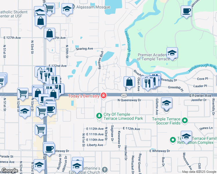 map of restaurants, bars, coffee shops, grocery stores, and more near 11801 Raintree Drive in Temple Terrace