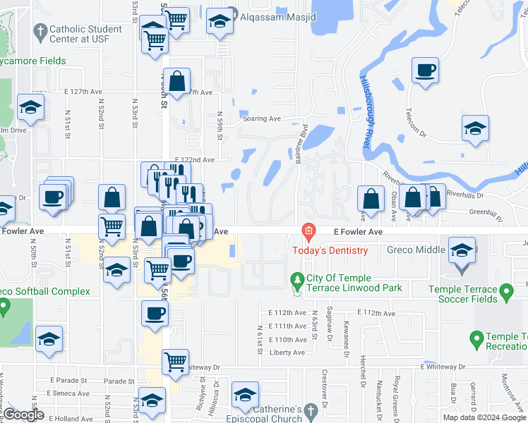 map of restaurants, bars, coffee shops, grocery stores, and more near 11718 Raintree Lake Lane in Temple Terrace