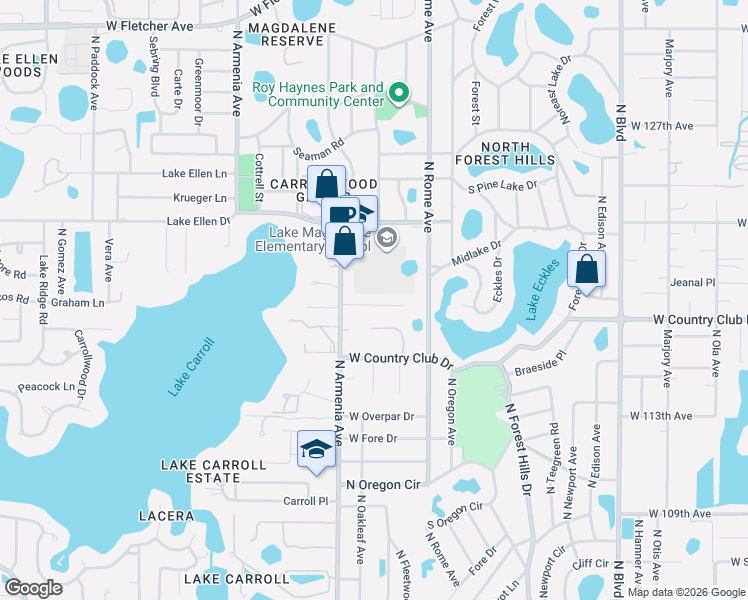 map of restaurants, bars, coffee shops, grocery stores, and more near 2002 Pine Lake Drive in Tampa