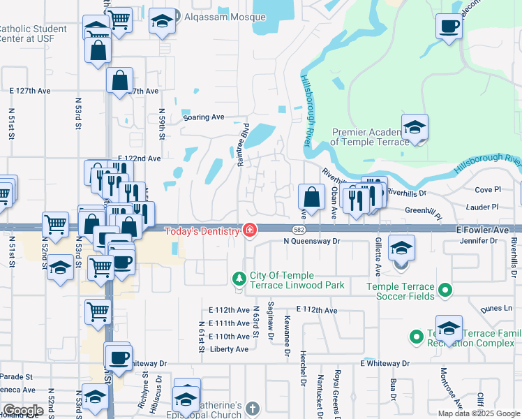 map of restaurants, bars, coffee shops, grocery stores, and more near 11801 Raintree Drive in Temple Terrace