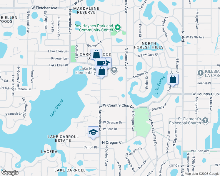 map of restaurants, bars, coffee shops, grocery stores, and more near 2002 Pine Lake Drive in Tampa