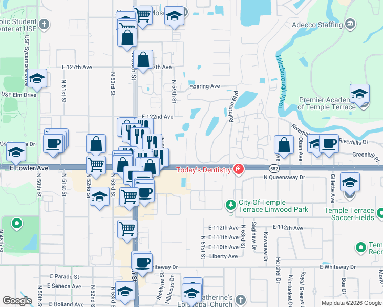map of restaurants, bars, coffee shops, grocery stores, and more near 11714 Raintree Village Boulevard in Temple Terrace