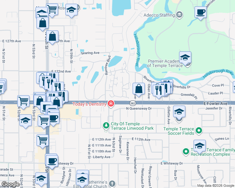 map of restaurants, bars, coffee shops, grocery stores, and more near 11801 Raintree Drive in Temple Terrace