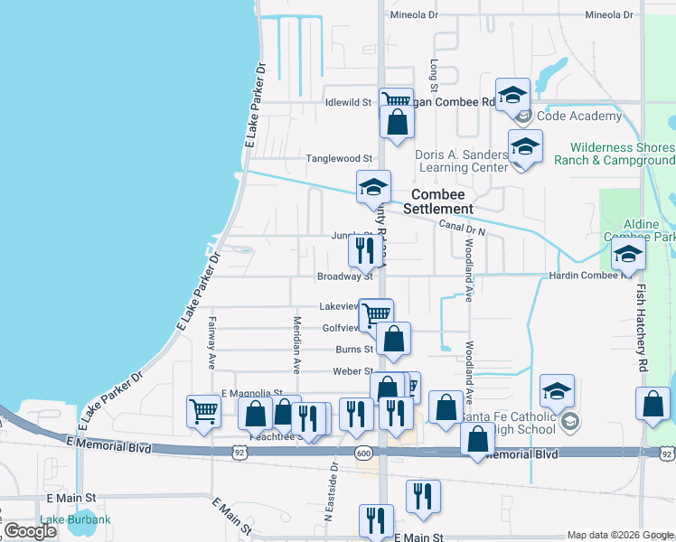 map of restaurants, bars, coffee shops, grocery stores, and more near 2504 Broadway Street in Lakeland
