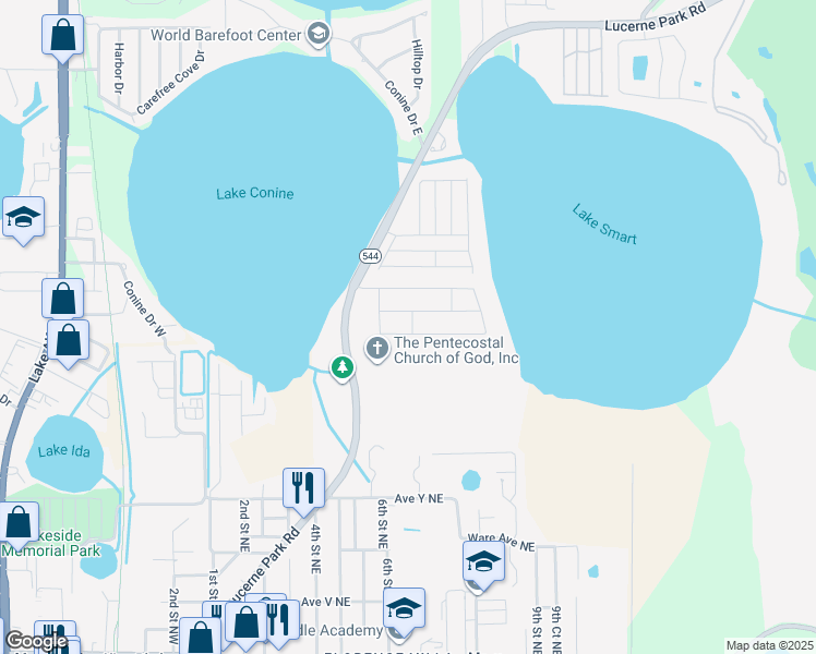 map of restaurants, bars, coffee shops, grocery stores, and more near 335 Lake Smart Circle in Winter Haven