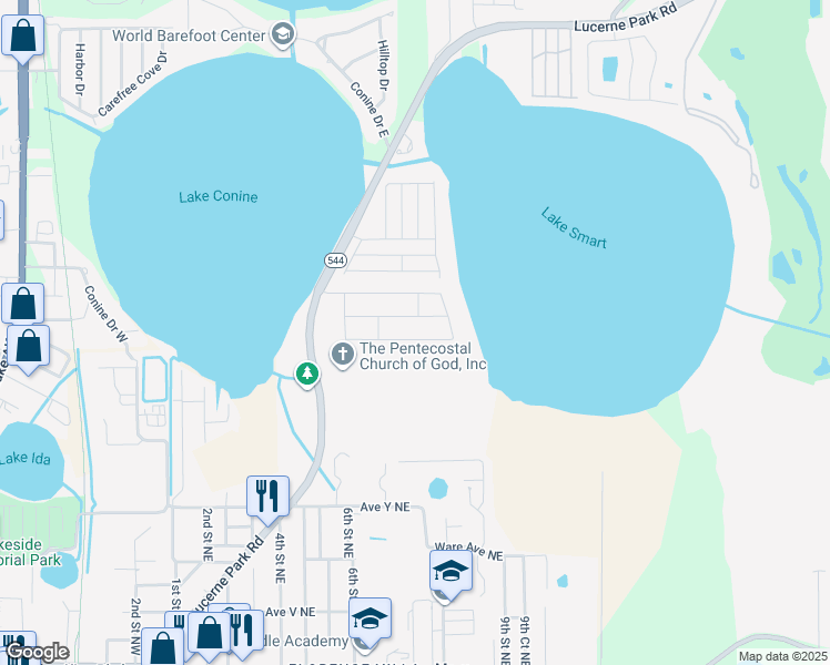map of restaurants, bars, coffee shops, grocery stores, and more near 584 Lake Smart Boulevard in Winter Haven