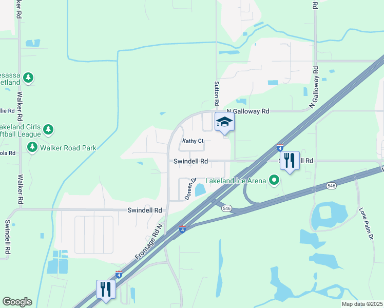 map of restaurants, bars, coffee shops, grocery stores, and more near 3446 Kathy Court in Lakeland