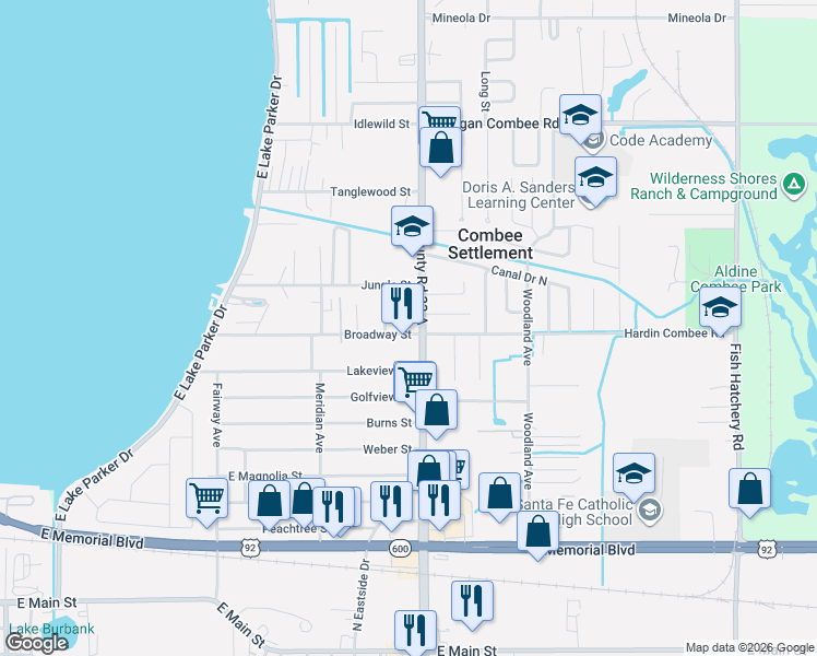 map of restaurants, bars, coffee shops, grocery stores, and more near 1012 North Combee Road in Lakeland