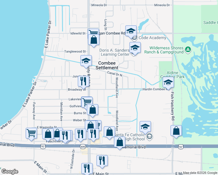 map of restaurants, bars, coffee shops, grocery stores, and more near 1033 Pineview Place in Lakeland