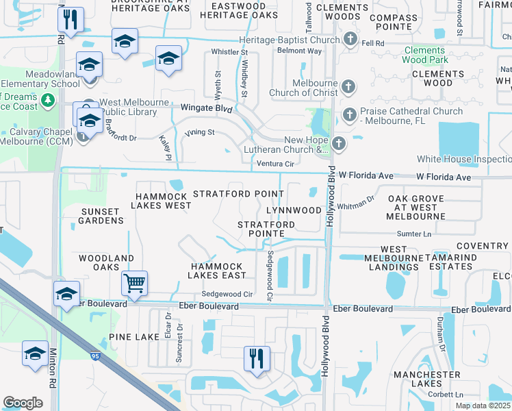 map of restaurants, bars, coffee shops, grocery stores, and more near 635 Sedgewood Circle in Melbourne