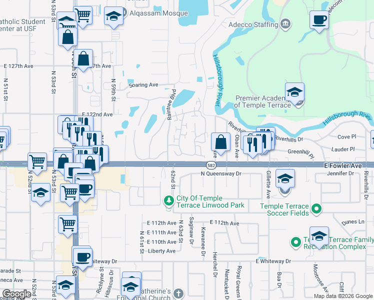 map of restaurants, bars, coffee shops, grocery stores, and more near 11738 Raintree Drive in Tampa