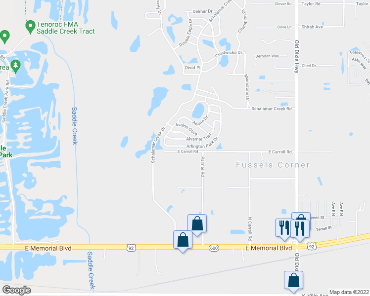 map of restaurants, bars, coffee shops, grocery stores, and more near 4513 Arlington Park Drive in Lakeland