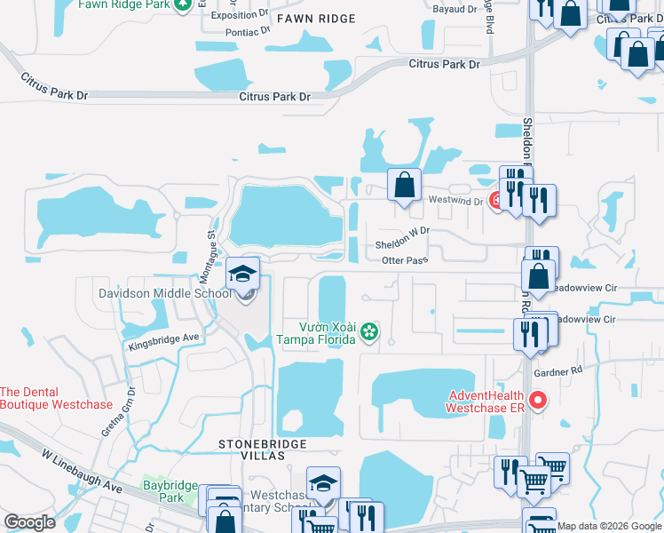 map of restaurants, bars, coffee shops, grocery stores, and more near 10530 Windsor Lake Court in Tampa
