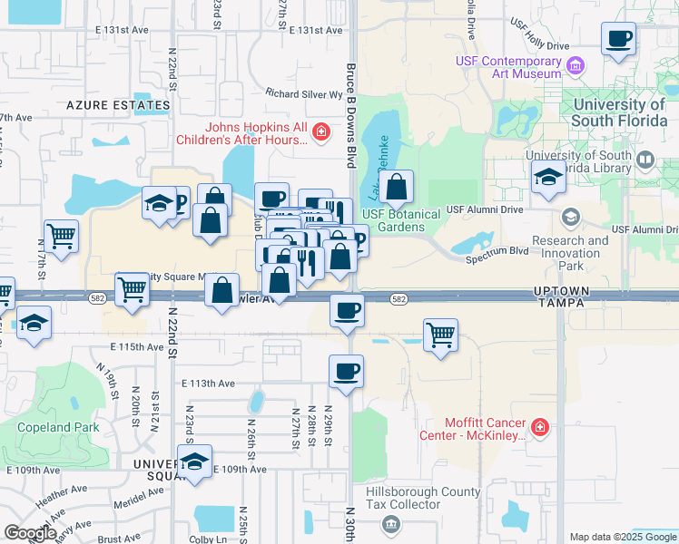 map of restaurants, bars, coffee shops, grocery stores, and more near 11852 Bruce B Downs Blvd in Tampa