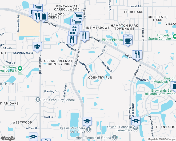 map of restaurants, bars, coffee shops, grocery stores, and more near 12424 Hidden Brook Drive in Tampa