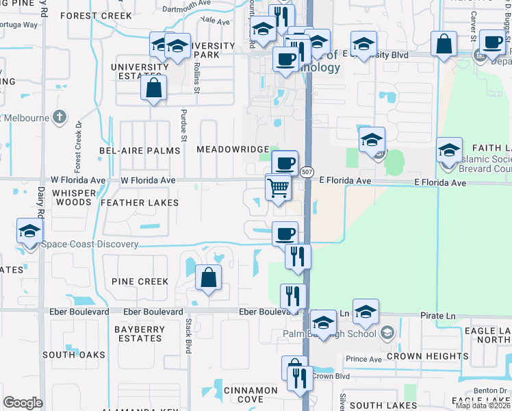 map of restaurants, bars, coffee shops, grocery stores, and more near 3502 D'Avinci Way in Melbourne