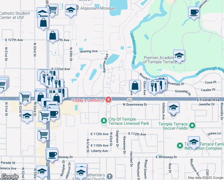 map of restaurants, bars, coffee shops, grocery stores, and more near 11801 Raintree Drive in Temple Terrace