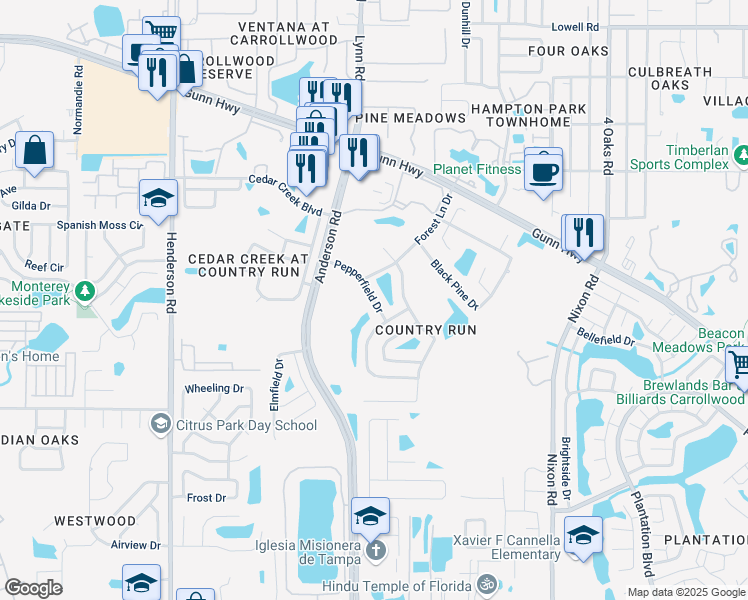 map of restaurants, bars, coffee shops, grocery stores, and more near 12424 Hidden Brook Drive in Tampa