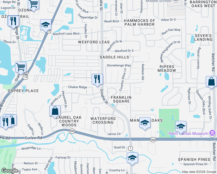 map of restaurants, bars, coffee shops, grocery stores, and more near 844 Franklin Circle in Palm Harbor