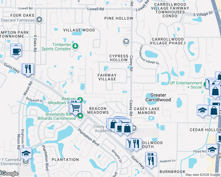 map of restaurants, bars, coffee shops, grocery stores, and more near 11724 Nicklaus Circle in Tampa