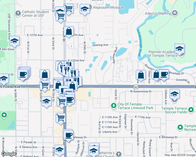 map of restaurants, bars, coffee shops, grocery stores, and more near 11718 Raintree Lake Lane in Temple Terrace