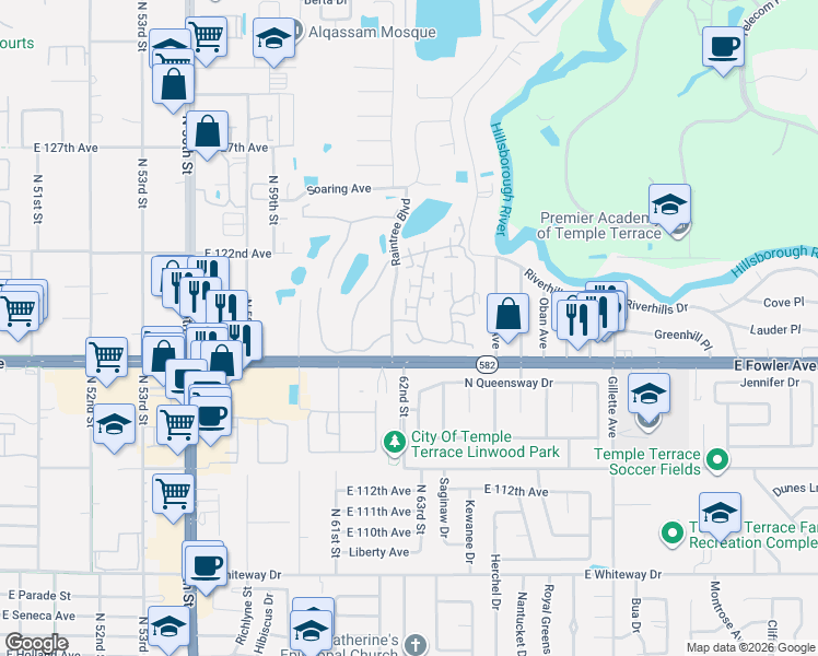 map of restaurants, bars, coffee shops, grocery stores, and more near 11801 Raintree Drive in Temple Terrace