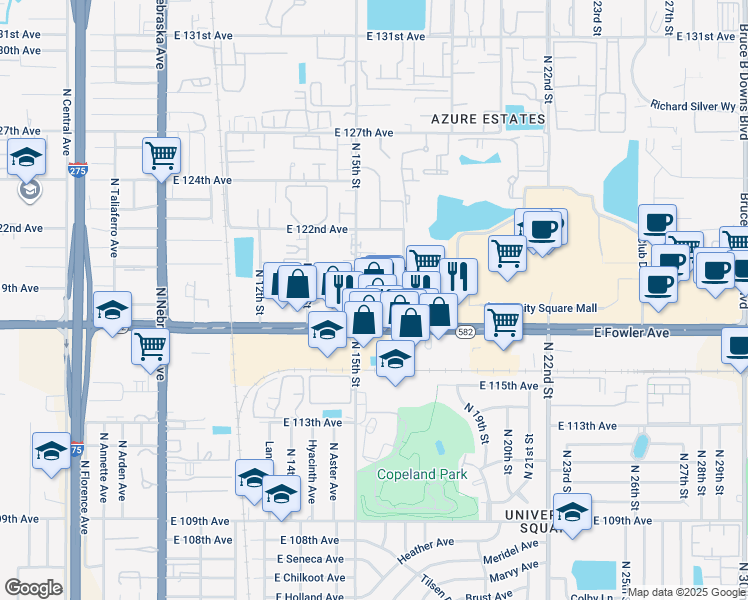 map of restaurants, bars, coffee shops, grocery stores, and more near 11722 North Elmer Street in Tampa