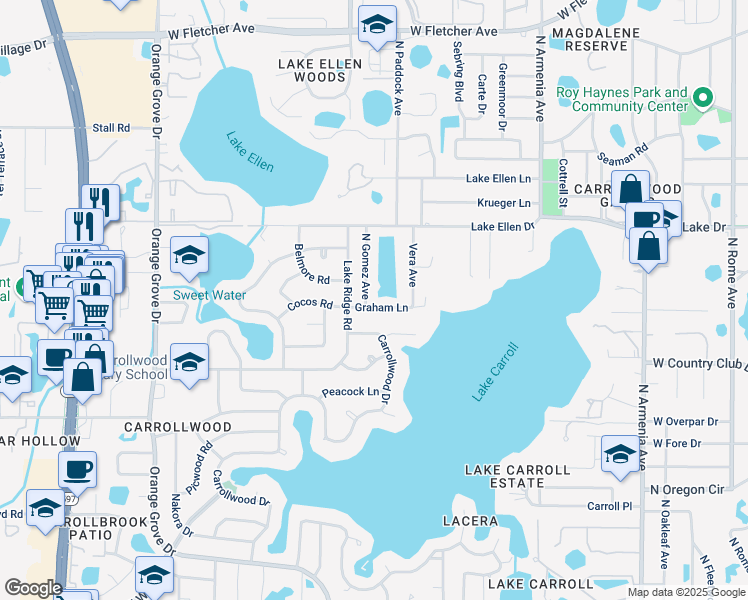 map of restaurants, bars, coffee shops, grocery stores, and more near 11907 North Gomez Avenue in Tampa