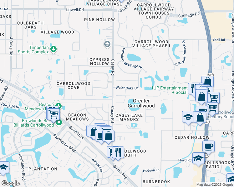 map of restaurants, bars, coffee shops, grocery stores, and more near 11715 Casey Road in Tampa