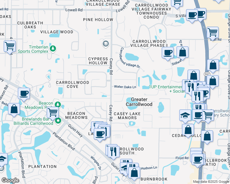 map of restaurants, bars, coffee shops, grocery stores, and more near 11715 Casey Road in Tampa
