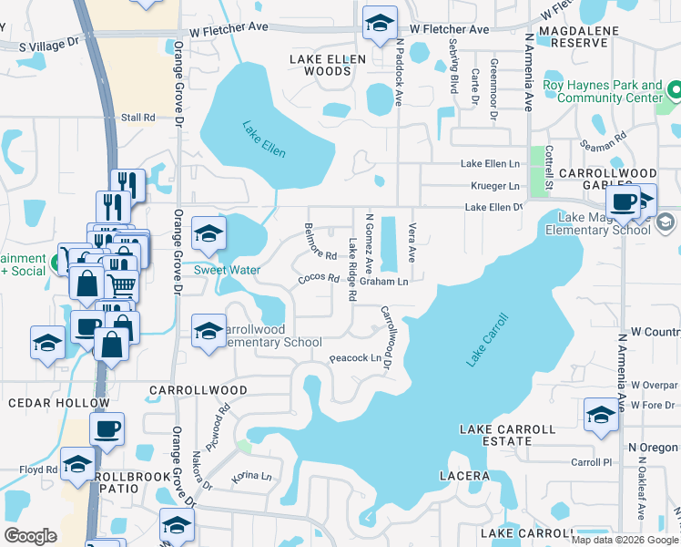 map of restaurants, bars, coffee shops, grocery stores, and more near 11906 Lake Ridge Road in Greater Carrollwood
