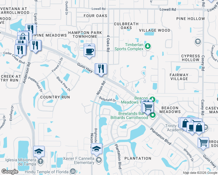 map of restaurants, bars, coffee shops, grocery stores, and more near 5412 Marlwood Court in Tampa