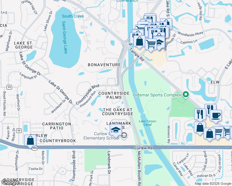 map of restaurants, bars, coffee shops, grocery stores, and more near 3678 Amelia Way in Palm Harbor