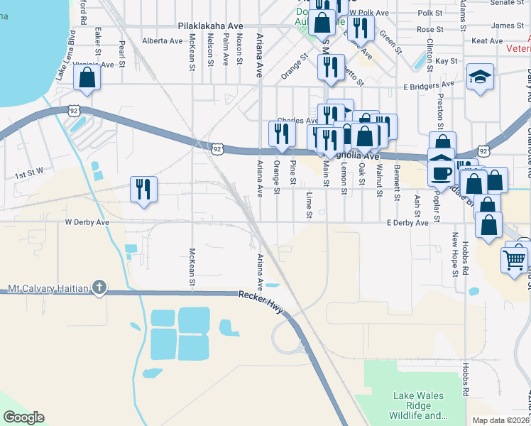 map of restaurants, bars, coffee shops, grocery stores, and more near 610 Orange Street in Auburndale