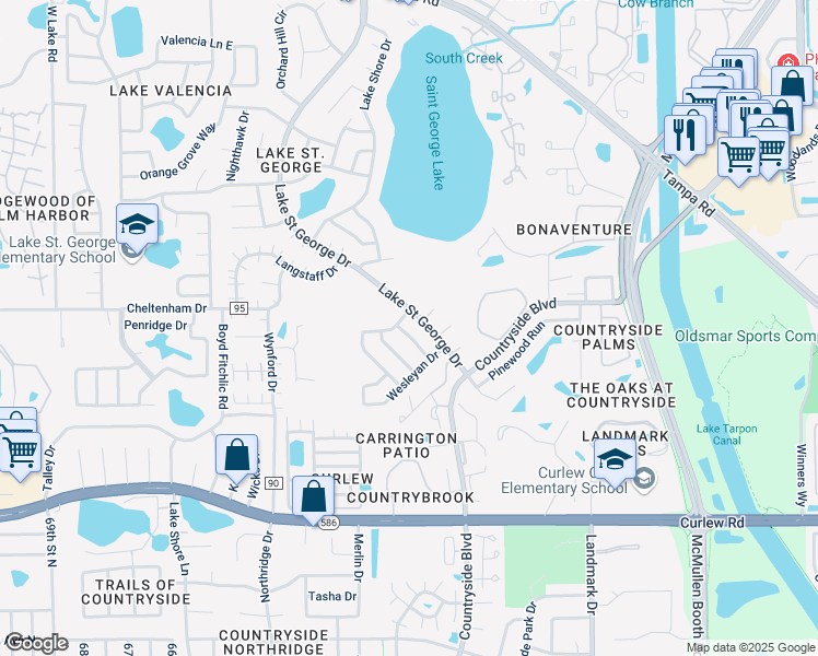 map of restaurants, bars, coffee shops, grocery stores, and more near 3692 Lake Saint George Drive in Palm Harbor