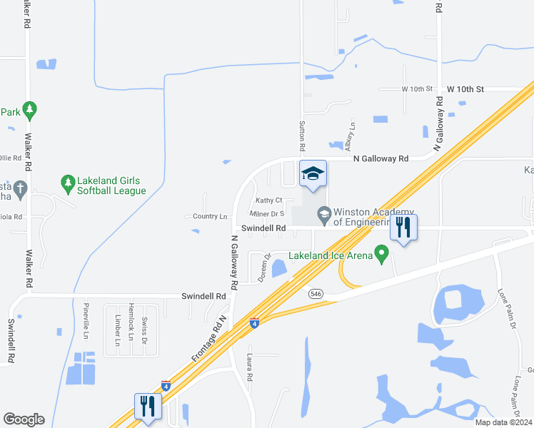 map of restaurants, bars, coffee shops, grocery stores, and more near 3444 Milner Drive South in Lakeland