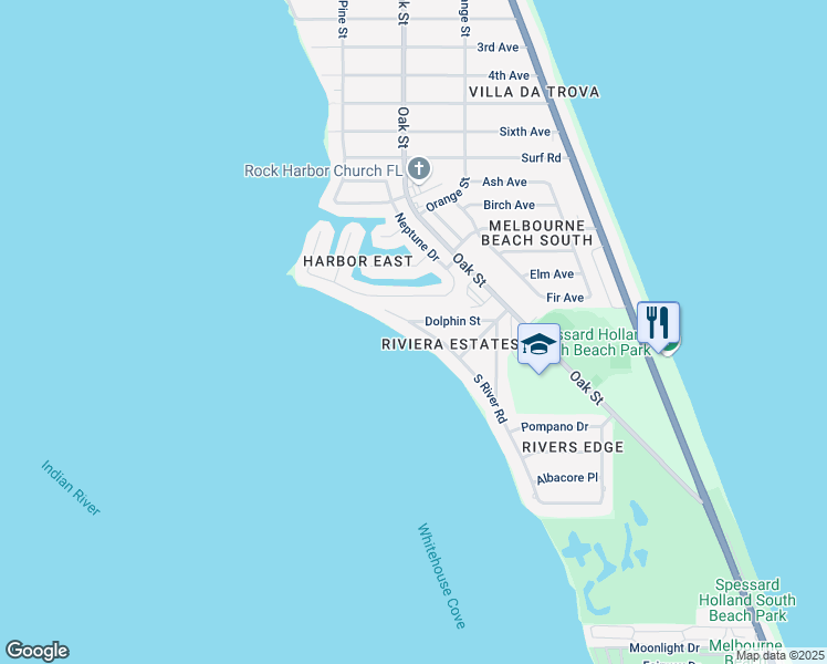 map of restaurants, bars, coffee shops, grocery stores, and more near 2040 South River Road in Melbourne Beach