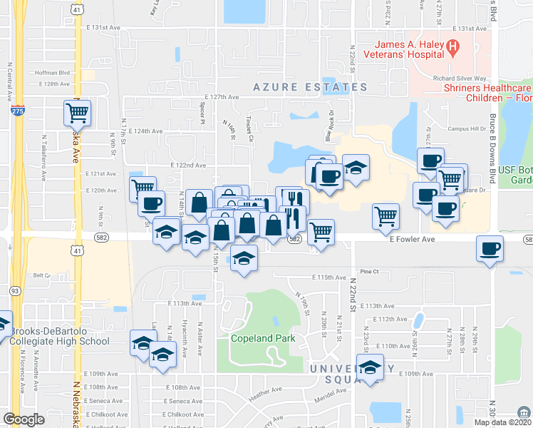 map of restaurants, bars, coffee shops, grocery stores, and more near East Fowler Avenue in Tampa