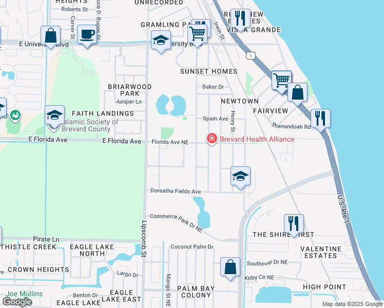 map of restaurants, bars, coffee shops, grocery stores, and more near 2270 Monroe Street in Palm Bay