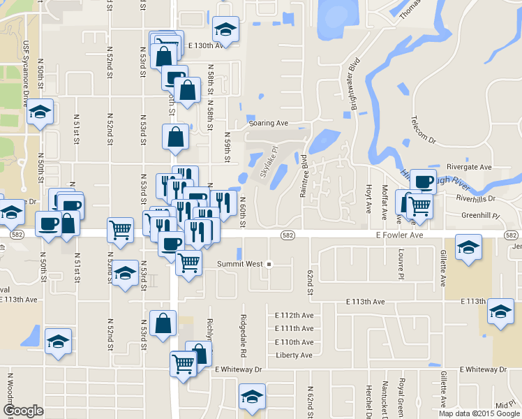 map of restaurants, bars, coffee shops, grocery stores, and more near 11714 Raintree Village Boulevard in Temple Terrace