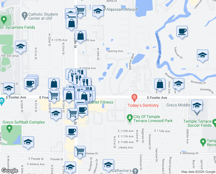 map of restaurants, bars, coffee shops, grocery stores, and more near 11714 Raintree Village Boulevard in Temple Terrace