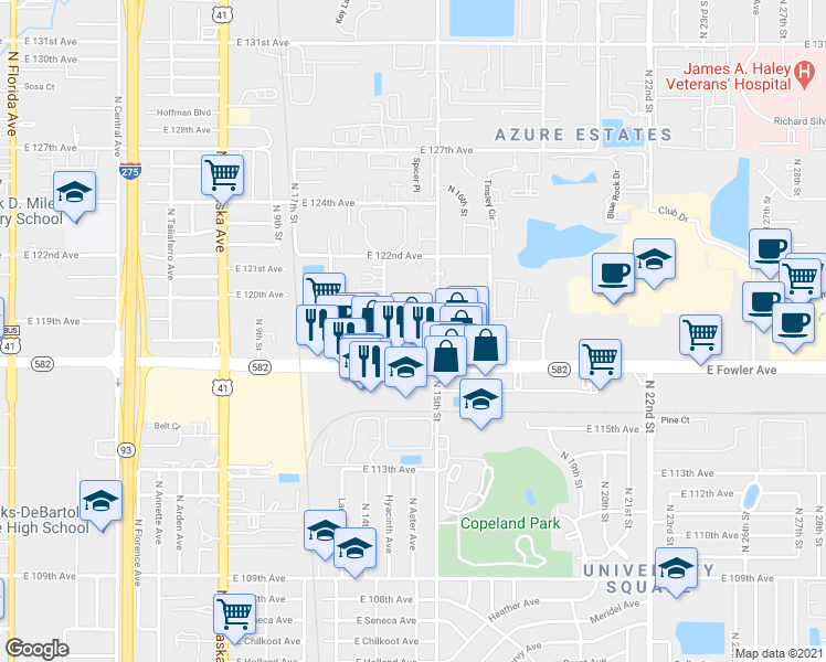 map of restaurants, bars, coffee shops, grocery stores, and more near 11715 North 14th Street in Tampa