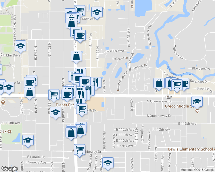 map of restaurants, bars, coffee shops, grocery stores, and more near 11706 Raintree Village Boulevard in Tampa