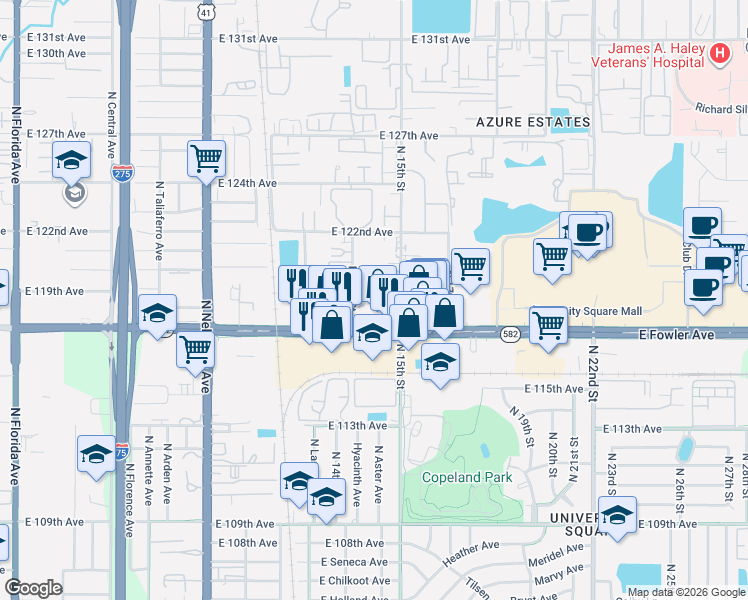 map of restaurants, bars, coffee shops, grocery stores, and more near 11715 North 14th Street in Tampa