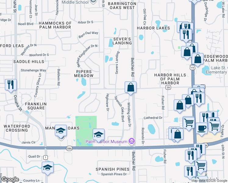 map of restaurants, bars, coffee shops, grocery stores, and more near 86 County Road 39 in Palm Harbor